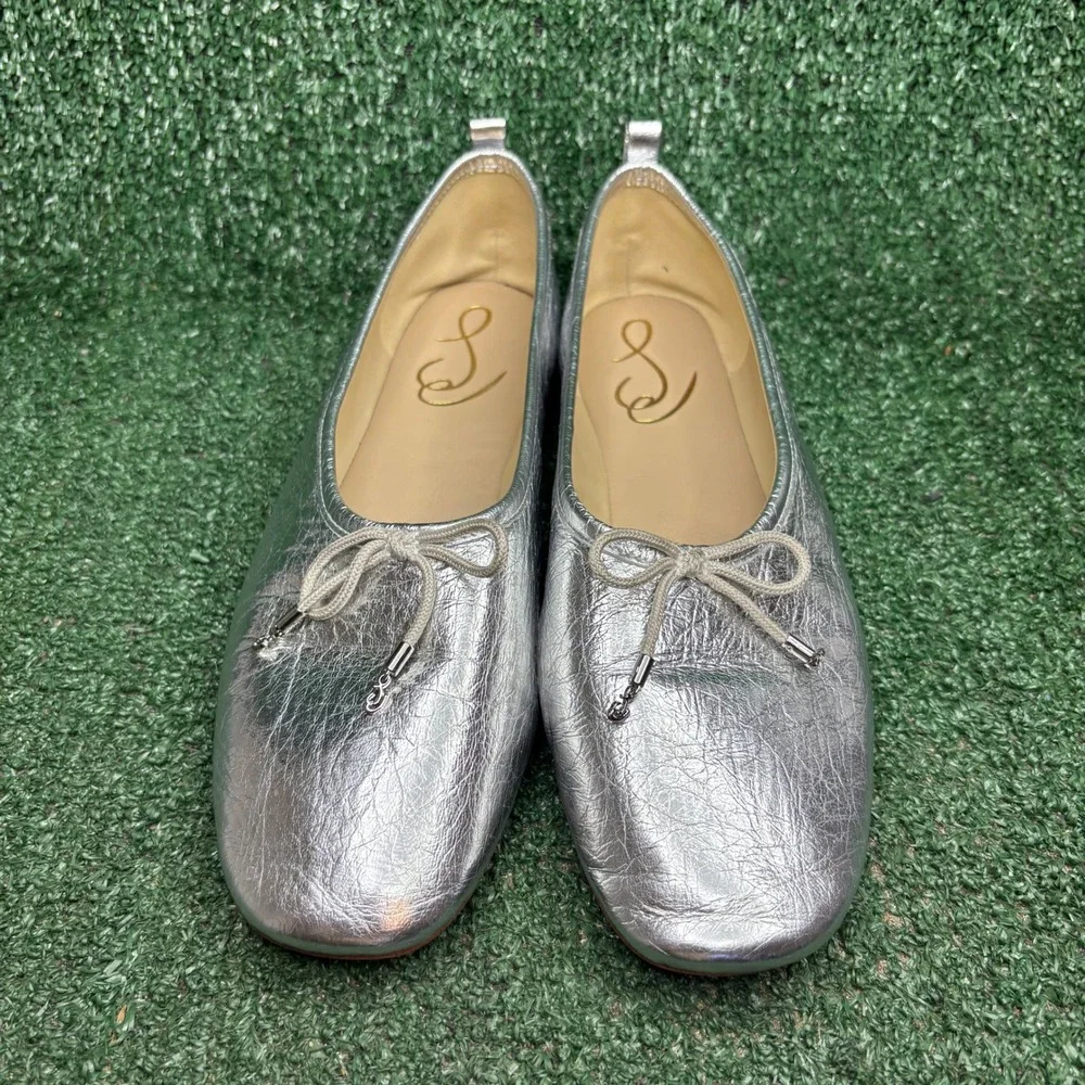 Sam Edelman Ari Bow Metallic Leather Ballet Chic Flat Shoes Silver Womens Sz 9 M